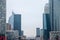 La Defense district skyline with Champs Elysees and Arc de Triomphe in background. La Defense is main business district of Paris