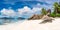 La Digue island - panorama. Paradise beach of Seychelles, Anse Source d`Argent