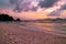 La Digue Seychelles, sunset on the white tropical beach with palm tree