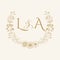 LA Floral wedding crest monogram. Painted laurel wreath golden color style.