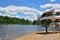 La Mauricie National Park Wapizagonke lake canoe rental station on a sunny day.