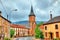 La Petite-Raon, town hall and the church. Vosges Department, France