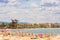 LA PINEDA, SPAIN - JUNE 6, 2017: Coastline Costa Dorada, beach in La Pineda, Tarragona, Catalunya, Spain. Copy space for text.