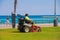LA PINEDA, SPAIN - JUNE 6, 2017: Lawn mower on the waterfront, Tarragona, Catalunya, Spain. Copy space for text.
