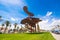 LA PINEDA, SPAIN - JUNE 6, 2017: Sculpture of pines on the waterfront, Tarragona, Catalunya, Spain. Copy space for text.