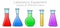 Lab beakers types. Glasswares. Glass flasks of different sizes and shapes. Long, short, oval, chubby, thin bottle. Florence,