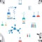 Lab equipment flat vector seamless pattern. Test tubes, chemistry beakers, measuring cups. Laboratory microscope, flasks