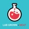 Lab grown meat icon concept. Artificial, synthetic meat is cultured and cultivated in chemistry lab glassware. Modern nourishment