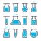 Lab icon. Science test in tube, beaker and flask. Glass equipment in chemistry laboratory. Tool for medical research. Silhouettes