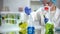 Lab researcher adding blue liquid substance in tube with green plant, test