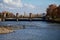 The Labe Elbe River and Hydroelectric plant in Nymburk, Lock water navigation in autumn sunny day, Central Bohemia, Czech Republic