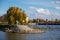 The Labe Elbe River and Hydroelectric plant in Nymburk, Lock water navigation in autumn sunny day, Central Bohemia, Czech Republic