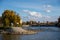 The Labe Elbe River and Hydroelectric plant in Nymburk, Lock water navigation in autumn sunny day, Central Bohemia, Czech Republic