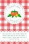 Label with big ripe tomato on chequered backdrop in retro country style for package or product design. vector red and white plaid