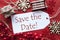 Label With Christmas Decoration, English Text Save The Date