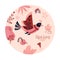 Label with geometric bird. Spring Sticker with pink shapes, rainbow, flower. Emblem with abstract decorative floral