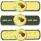 Label. Green and red apples on yellow background, painted, dark green fram