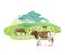 Label illustration with happy cows graze on alpine meadows, on mountain landscape background.