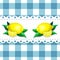 Label with juicy ripe lemon on chequered backdrop in retro country style for product package design. vector seamless blue and