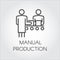 Label of manual production. Simple black icon of people working on conveyor at factory concept. Linear pictograph