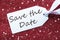 Label On Red Background, Snowflakes, English Text Save The Date