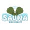 Label for sauna, banya or bathhouse. Two crossed besoms. Word sauna around steam