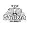 Label for sauna, banya or bathhouse. Two crossed besoms. Word sauna around steam