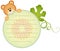 Label with teddy bear eating cantaloupe melon slice