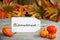 Label With Text Bienvenue Means Welcome, Pumpkin And Leaves