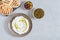 Labneh yogurt, cream  cheese with olive oil and zaatar . Traditional middle eastern arabic breakfast dip.Top view with copy space