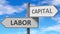 Labor and capital as a choice - pictured as words Labor, capital on road signs to show that when a person makes decision he can