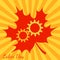 Labor Day in Canada. Gears, maple leaf. Background with yellow and orange rays from the center