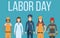 Labor day celebration, concept banner character doctor, policeman, worker, firefighter standing isolated on white, flat vector