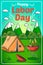 Labor day illustration. Barbecue grill and a camping tent across the mountains.