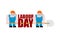 Labor Day logo. Workers and shovels. Sign for holiday. Hand tool