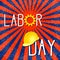 Labor Day in the United States. 3 September. Gears, construction helmet, event name. Blue and red rays