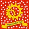 Labor Day in the United States. 3 September. Gears, tape with text - event name. Red background, white stars.