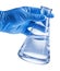 Laboratory beaker in analyst`s hand in plastic glove. File conta