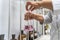 Laboratory beaker in test, chemical reaction. Lab worker checks purified drinking water for impurities