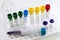 Laboratory blood test tube samples, research diagnoses, instruments and objects in the sterile table