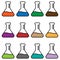 Laboratory bottles, colourful set, isolated on white, vector illustration