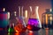 Laboratory, chemical glassware of different shape and color, ai illustration