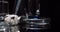 Laboratory Equipement: Syringe and Medicine, Test Tubes and Flasks Rotating on Black Background.