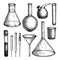 Laboratory equipment sketches set. Hand drawn glass pipette, flask, beaker, glass, tubes and funnel drawings. Chemical and