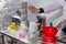 Laboratory equipment, solutions, reagents, chemicals, flasks, tubes, water, acid and alkali