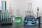 Laboratory equipment such as beakers, flasks, cylinders and test tubes well placed