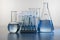 Laboratory equipment such as beakers, flasks, cylinders and test tubes well placed