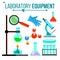 Laboratory Equipment Vector. Chemical Laboratory Experiment. Glass Flask, Beaker, Spirit Lamp, Microscope. Glassware