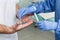 Laboratory expert in gloves  takes hands bacterium analysis