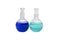 Laboratory flask with liquid on white background. Solution chemistry. Round bottom boiling flask stock images. Round bottom